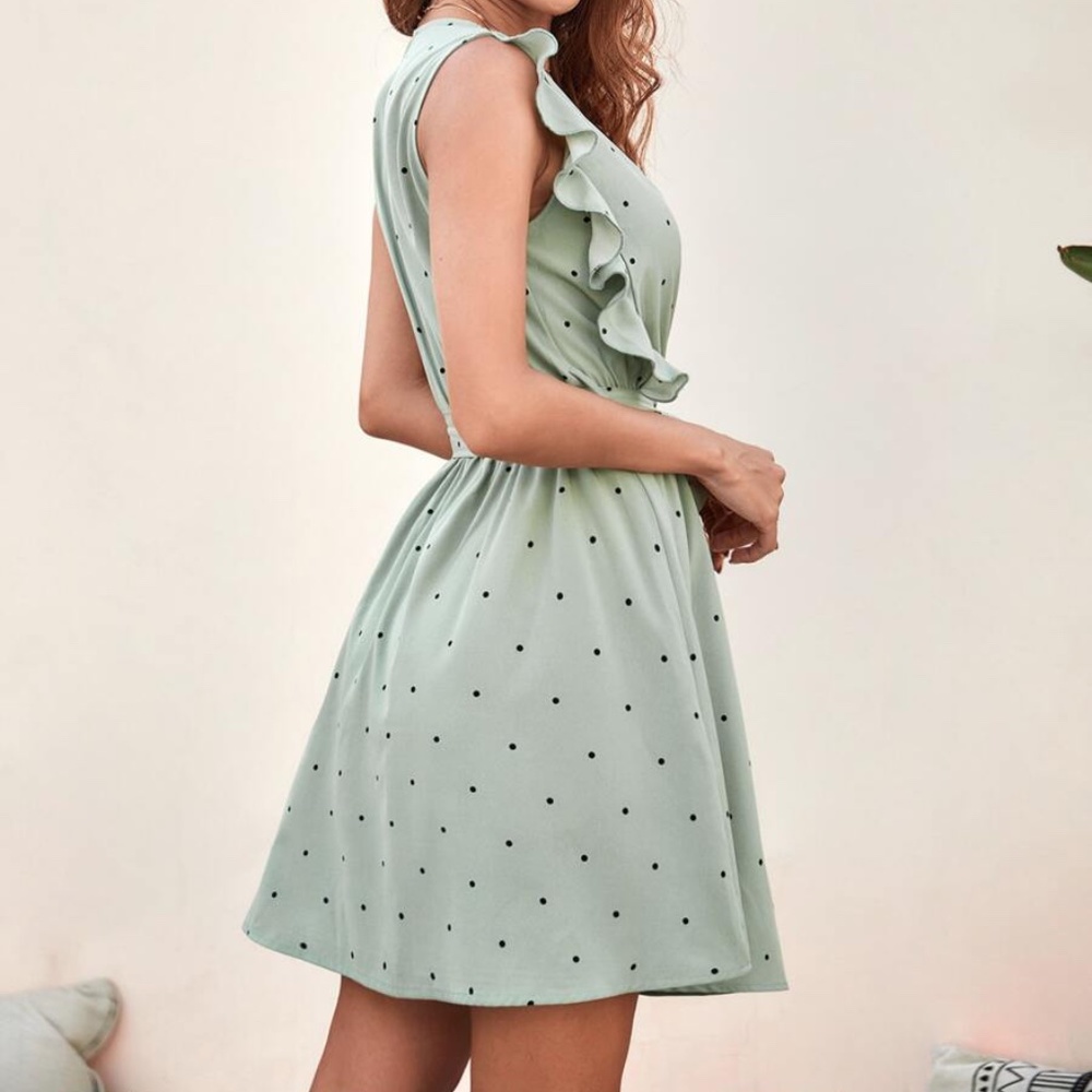 Boho Polka Dot Belted Surplice Mini Dress Green - Picture 8 of 9